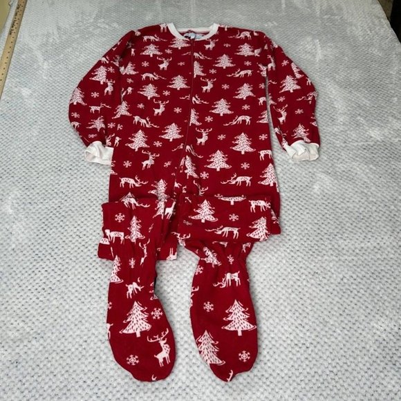 Sleepytime PJs Footed One Piece Nighty Kids 10 Red White Christmas Tree Reindeer - Picture 1 of 14